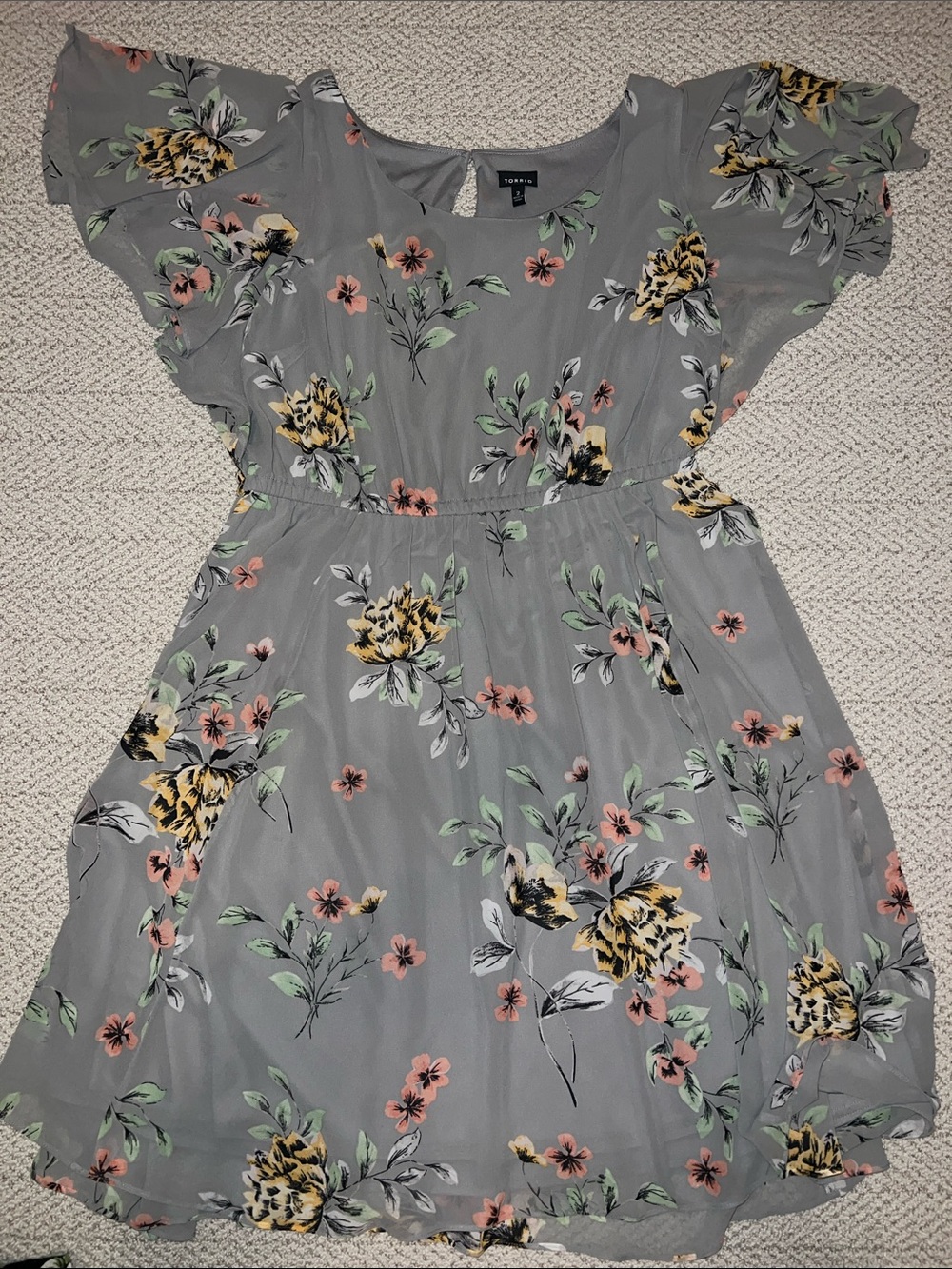 torrid Gray Floral Flutter Dress with Yellow & Pink Blooms